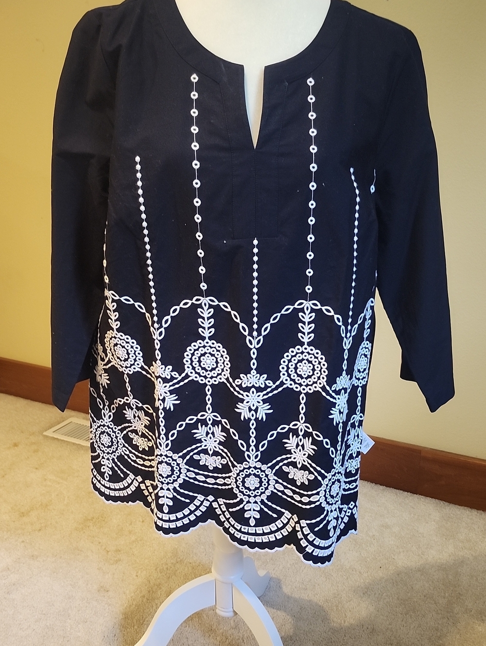 Talbots Navy Top with White Embroidered Border